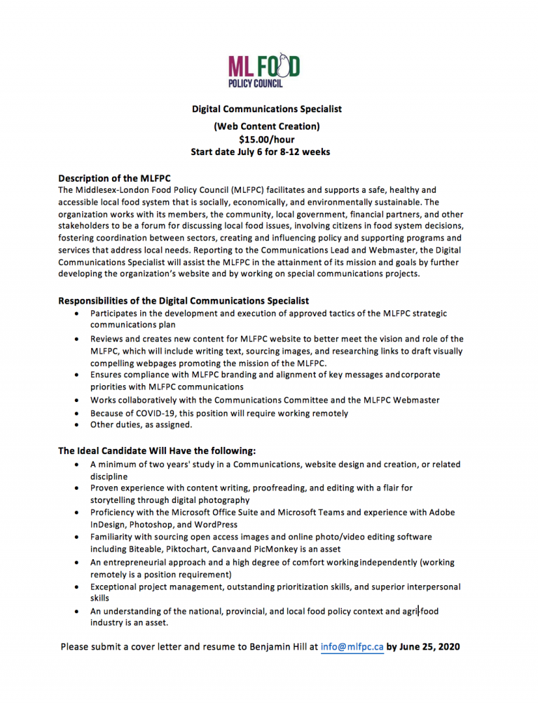 Digital Communications Specialist Job Posting Middlesex London Food
