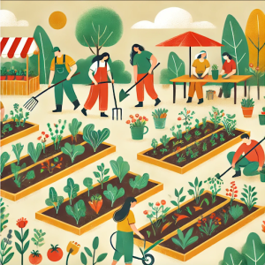 An outdoor farmer's market with a variety of fresh produce displayed under a red canopy. Vendors and shoppers interact, with one person pushing a shopping cart filled with vegetables. The scene is set in a charming town square with warm sunlight and buildings in the background.