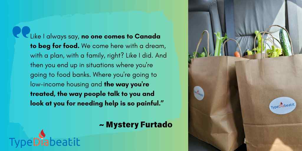 The image features a quote from Mystery Furtado about the challenges immigrants face regarding food insecurity in Canada. The text reads:
"Like I always say, no one comes to Canada to beg for food. We come here with a dream, with a plan, with a family, right? Like I did. And then you end up in situations where you're going to food banks. Where you're going to low-income housing and the way you're treated, the way people talk to you and look at you for needing help is so painful."
— Mystery Furtado
The background is a gradient of blue and green. At the bottom left, the "TypeDiabeatit" logo is displayed, with "Dia" in red and the rest in blue. On the right, there is an image of paper grocery bags filled with fresh vegetables, including celery, cucumbers, and carrots, placed on a car seat. The bags are labeled with the TypeDiabeat-it logo.