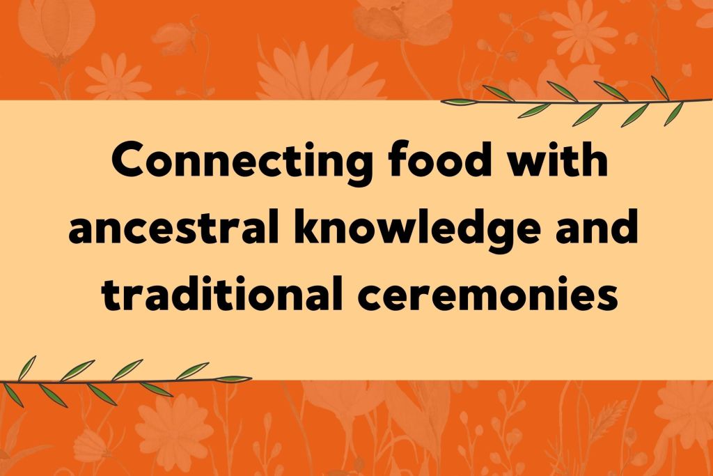 Graphic with an orange floral background and a beige central box. Text reads: "From access to food, to autonomy over food systems." Green leaves are placed at the top right and bottom left corners.