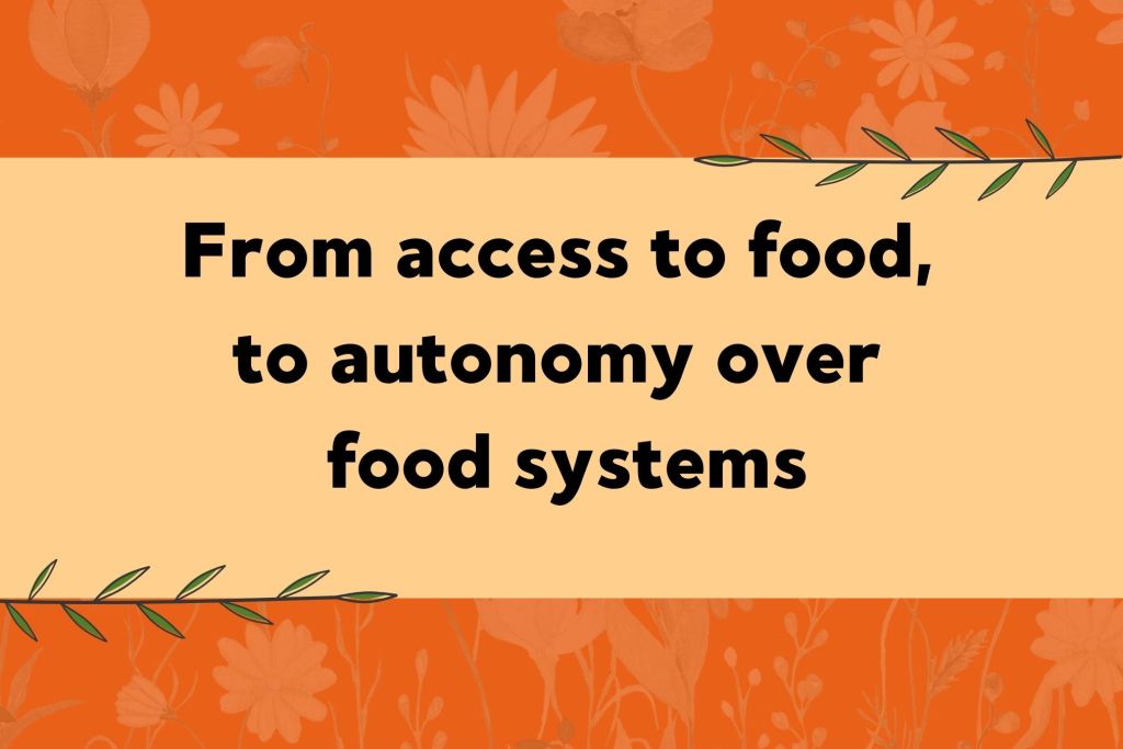 Graphic with an orange floral background and a beige central box. Text reads: "Connecting food with ancestral knowledge and traditional ceremonies." Green leaves appear at the top right and bottom left corners.