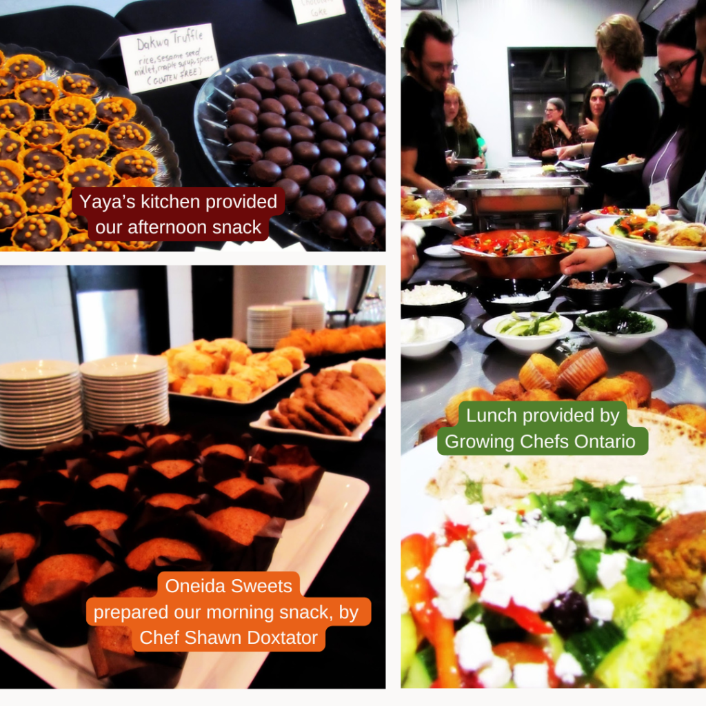 A collage of three photos showcasing food served at an event. The top-left shows Dakwa Truffles and tart-like snacks labeled as an afternoon snack from Yaya’s Kitchen. The bottom-left features assorted baked goods including muffins, cookies, and croissants, prepared by Chef Shawn Doxtator of Oneida Sweet Treats for the morning snack. The right image captures attendees serving themselves from a buffet-style lunch provided by Growing Chefs Ontario, with dishes like salads, dips, and bread.