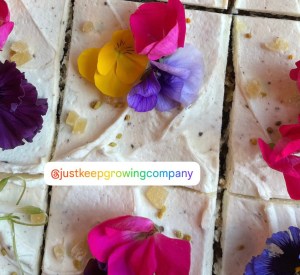 Close-up of rectangular food squares topped with colourful edible flowers, including pansies and rose petals.