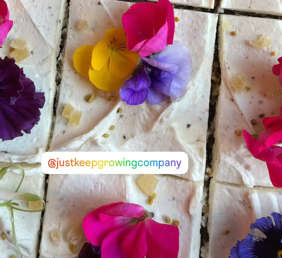 Close-up of rectangular food squares topped with colourful edible flowers, including pansies and rose petals.