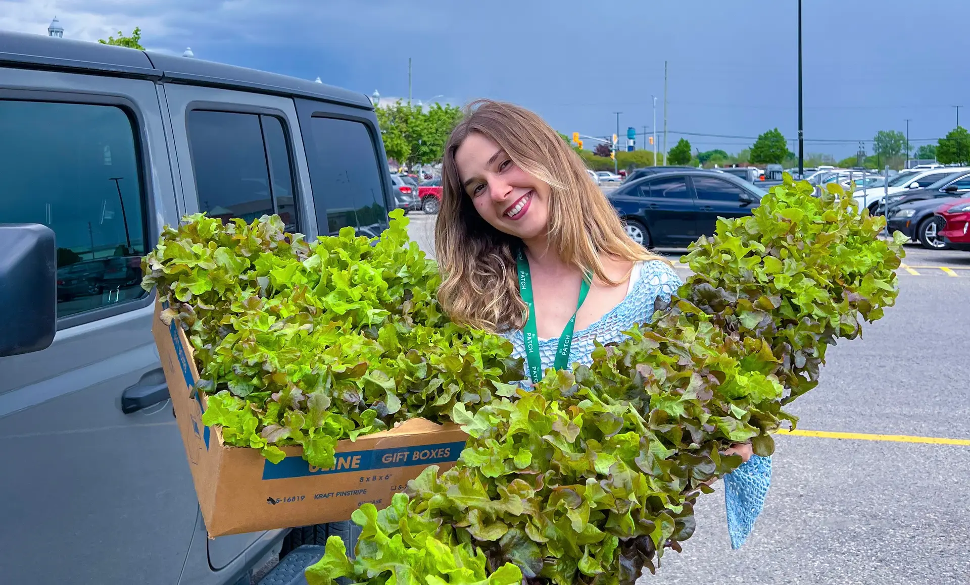 Holly Pugsley, of Just Keep Growing, holding a cardboard box filled with freshly harvested leafy greens in an outdoor parking area