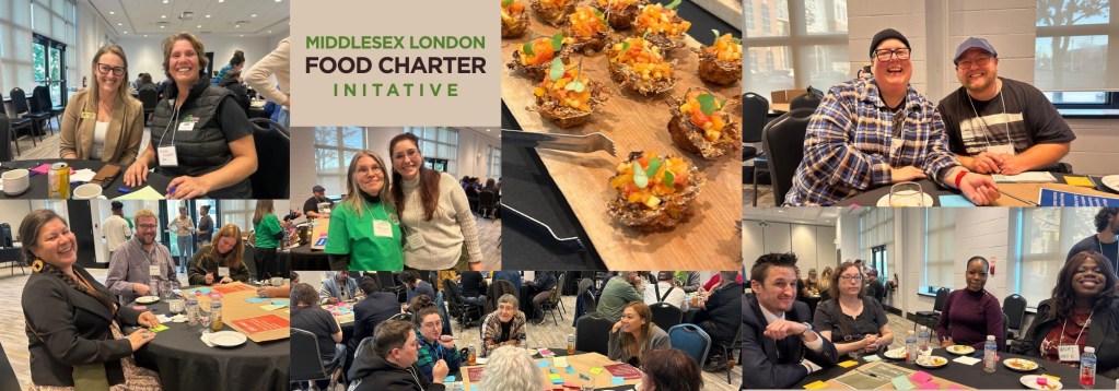 A collage of community members participating in the Middlesex London Food Charter consultation, sharing ideas around tables, connecting with others, and enjoying local food.